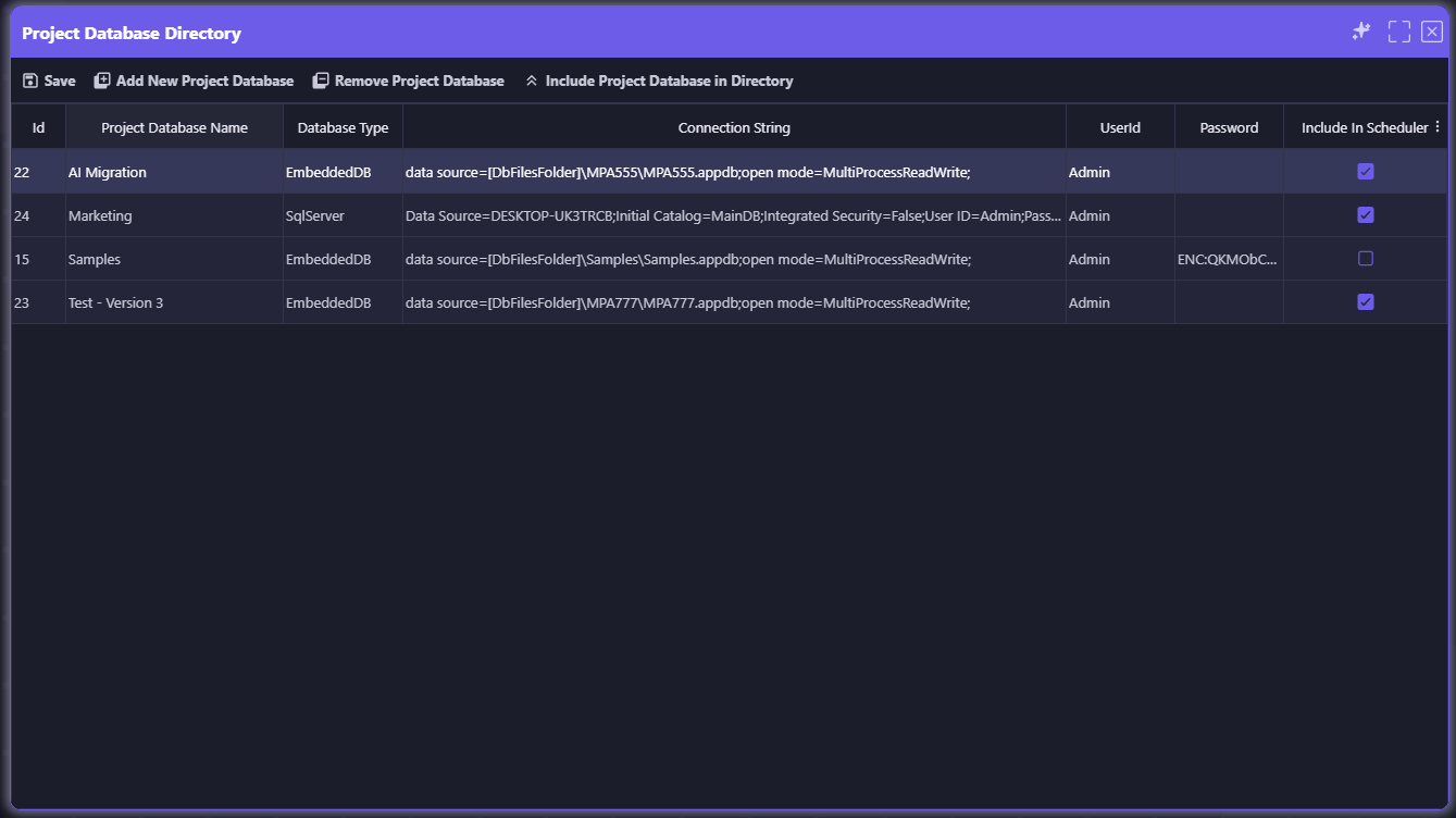 Project Database Directory listing multiple project databases with their database type, connection string, credentials, and scheduler inclusion