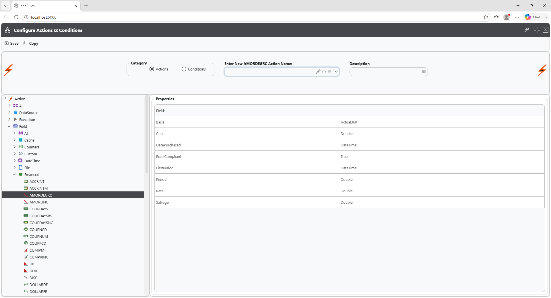appRules Configure Actions Interface — AMORDEGRC Financial Function