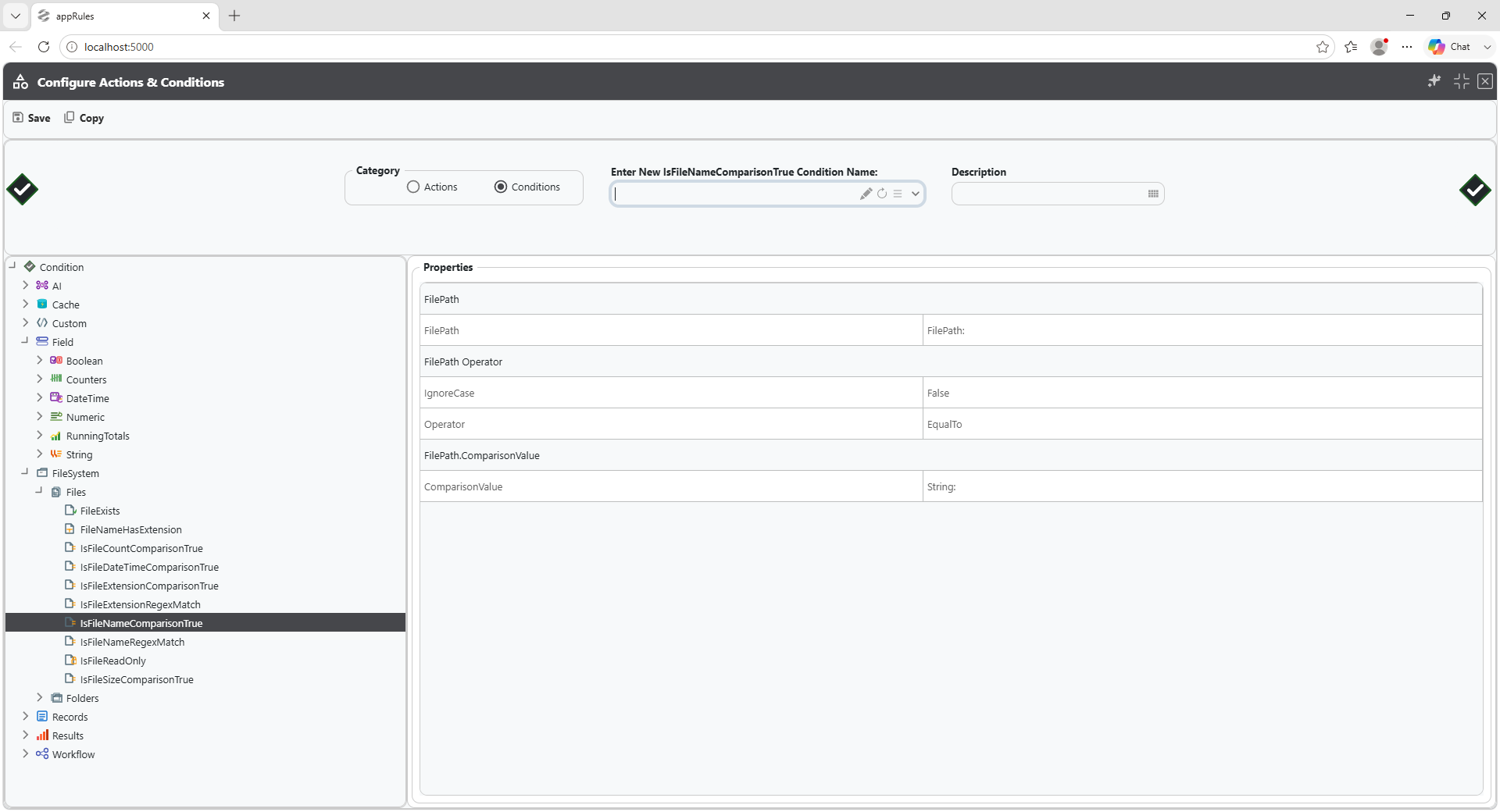 appRules Configure Conditions Interface — IsFileExtensionComparisonTrue