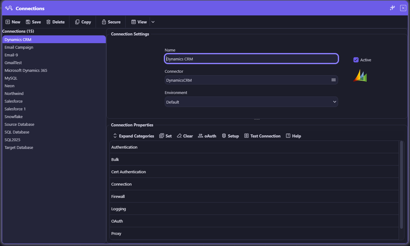 appRules Connections — connection settings for Dynamics CRM showing Name, Connector, Environment, Active toggle, and categorized Connection Properties including Authentication, Bulk, Cert Authentication, Connection, Firewall, Logging, OAuth, and Proxy