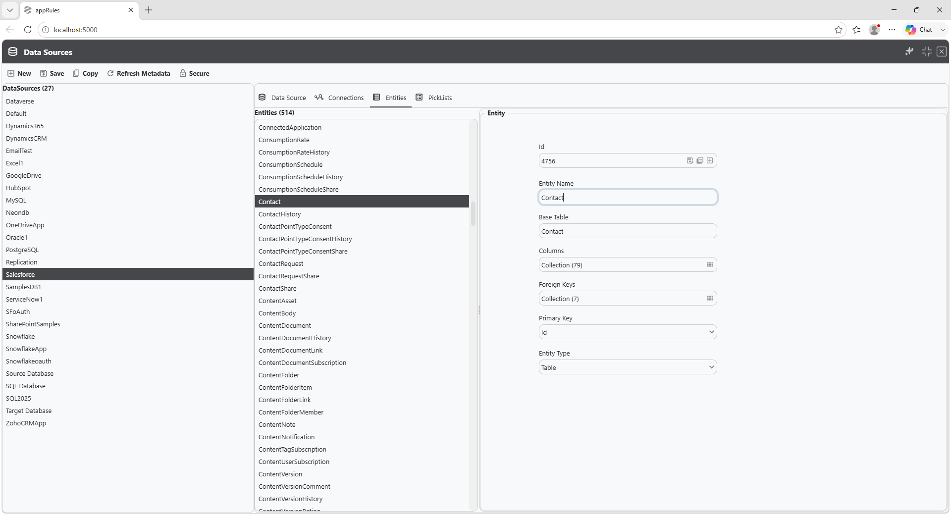appRules Data Sources — Entities view showing 514 discovered entities with columns, foreign keys, and primary key metadata