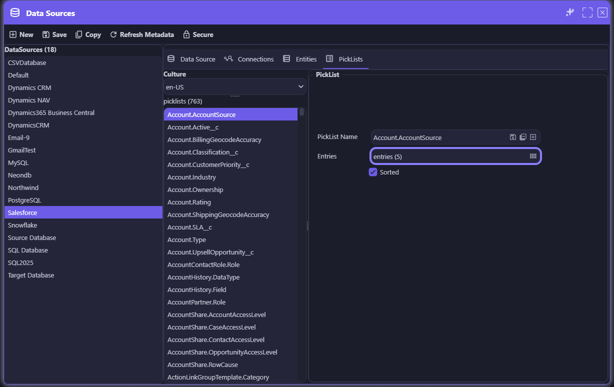 appRules Data Sources — PickLists view showing 763 discovered picklists for Salesforce, with Account.AccountSource selected showing its entries and sort order