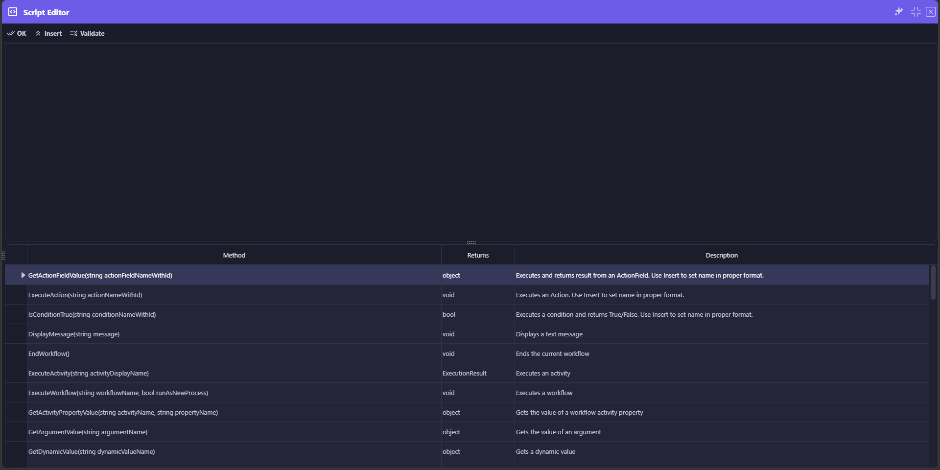 Script Editor with a live reference of callable methods including GetActionFieldValue, ExecuteAction, IsConditionTrue, DisplayMessage, and EndWorkflow