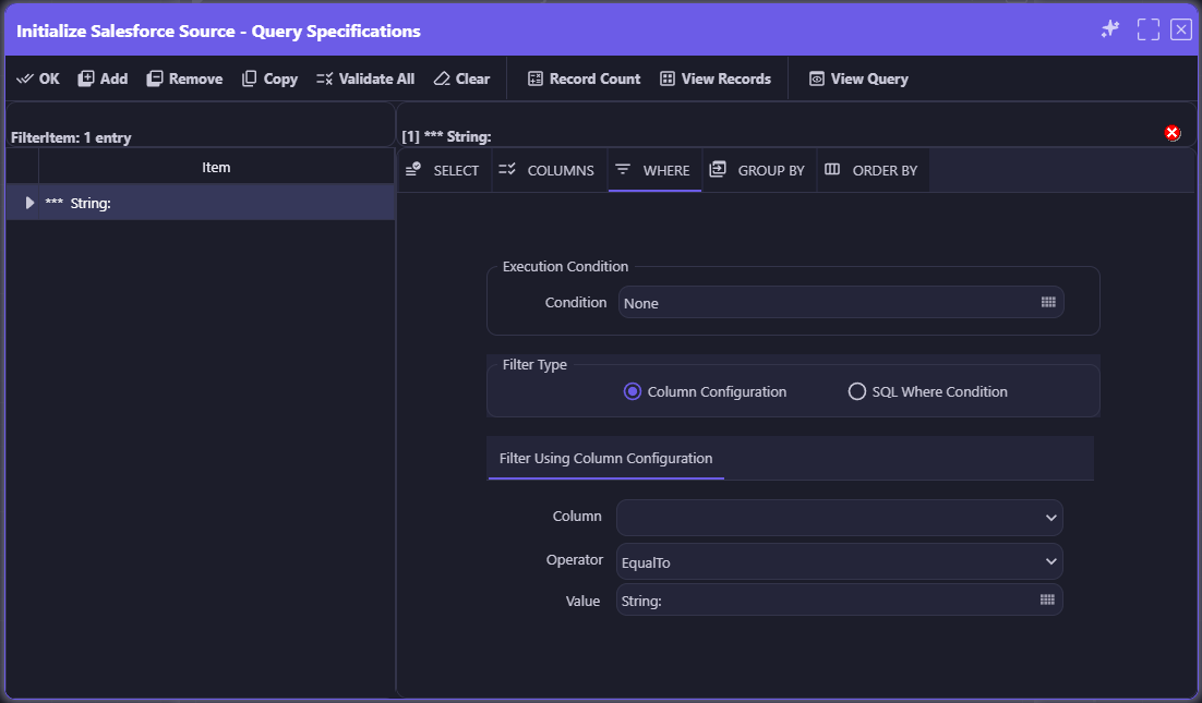 Query Specifications — Where tab with Filter Type set to Column Configuration, choosing a Column, Operator, and Value