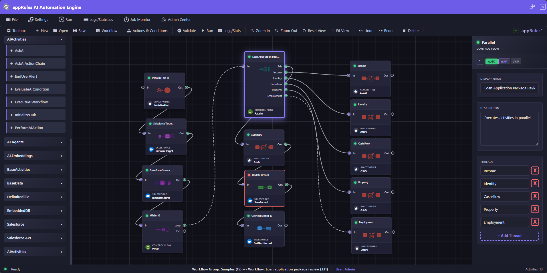 appRules workflow designer showing a Parallel activity named Loan Application Package Review with five threads — Income, Identity, Cash-flow, Property, and Employment — each connected to its own AskAI activity, followed by a Summary AskAI activity and a Salesforce SaveRecord activity