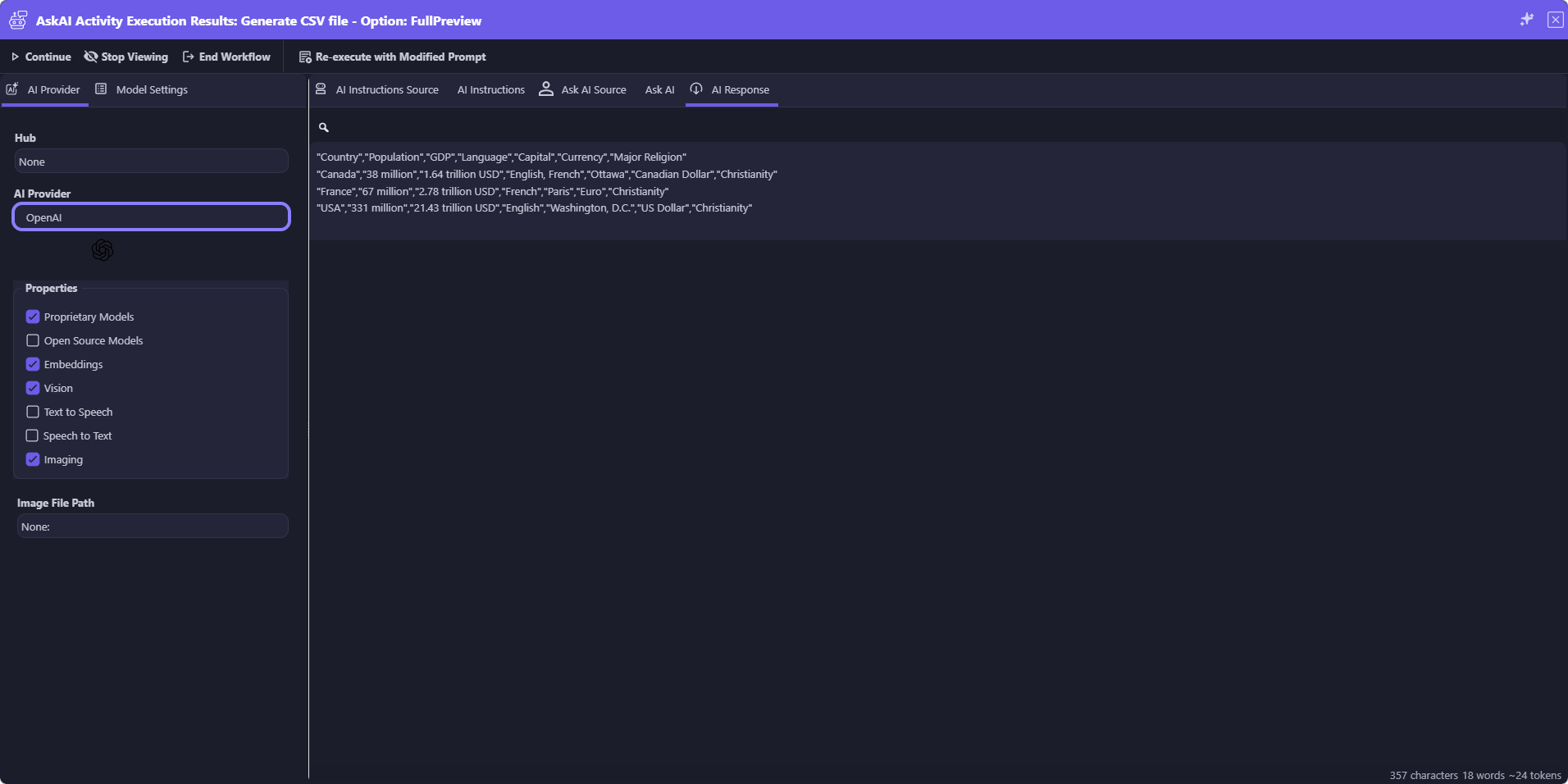 AskAI activity execution results showing AI Instructions Source, AI Instructions, Ask AI Source, Ask AI, and AI Response tabs, with options to Continue, Stop Viewing, End Workflow, or Re-execute with Modified Prompt