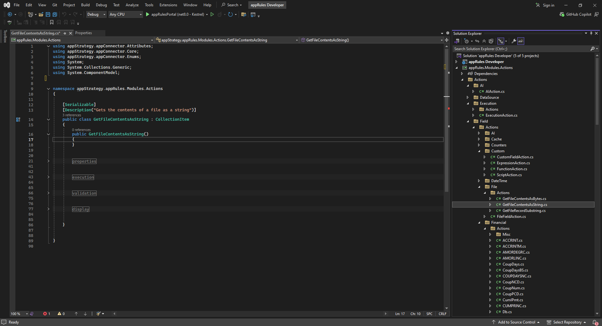 Visual Studio showing the appRules Developer solution, with GetFileContentsAsString.cs open in the appStrategy.appRules.Modules.Actions namespace and the full Actions module tree in Solution Explorer