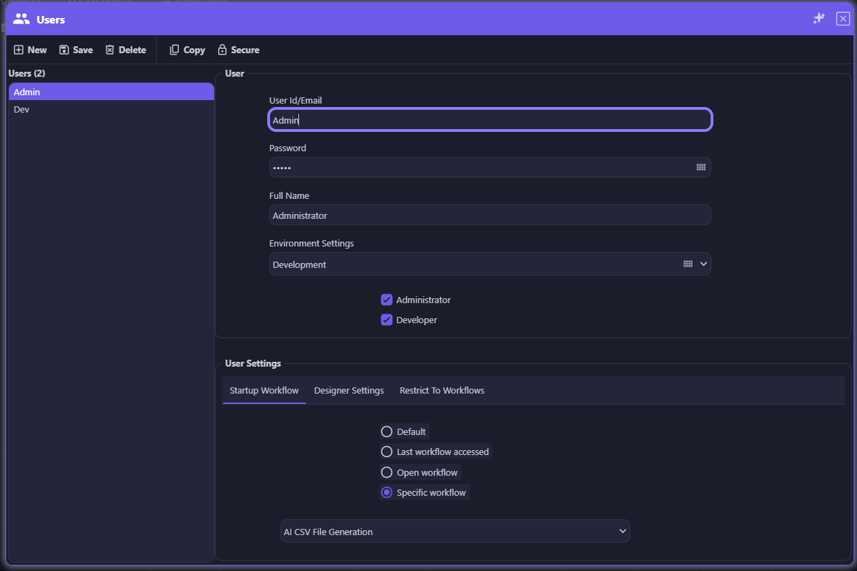 Secure User Settings — the Users screen toolbar with a Secure button